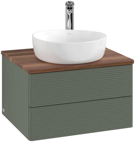Picture of VILLEROY BOCH Antao Vanity unit, with lighting, 2 pull-out compartments, 600 x 360 x 500 mm, Front with grain texture, Leaf Green Matt Lacquer / Warm Walnut #L18152HL