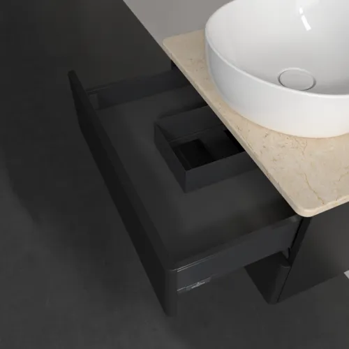 Obrázek VILLEROY BOCH Antao Vanity unit, with lighting, 2 pull-out compartments, 600 x 360 x 500 mm, Front with grain texture, Black Matt Lacquer / Botticino #L18153PD