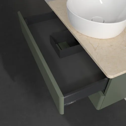 Bild von VILLEROY BOCH Antao Waschbeckenunterschrank, mit Beleuchtung, 2 Auszüge, 800 x 360 x 500 mm, Front ohne Struktur, Leaf Green Matt Lacquer / Botticino #L19013HL