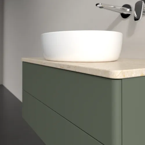 Bild von VILLEROY BOCH Antao Waschbeckenunterschrank, mit Beleuchtung, 2 Auszüge, 800 x 360 x 500 mm, Front ohne Struktur, Leaf Green Matt Lacquer / Botticino #L19013HL