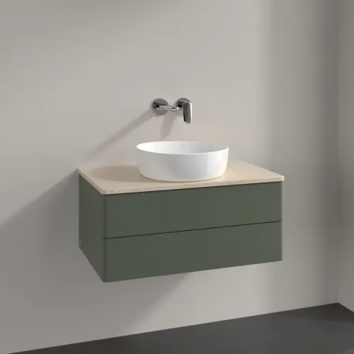 Bild von VILLEROY BOCH Antao Waschbeckenunterschrank, mit Beleuchtung, 2 Auszüge, 800 x 360 x 500 mm, Front ohne Struktur, Leaf Green Matt Lacquer / Botticino #L19013HL