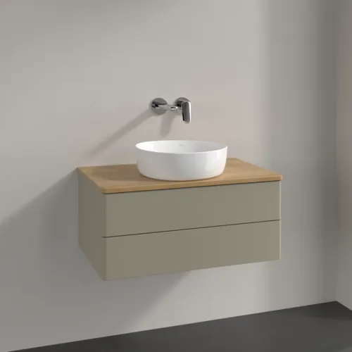 Bild von VILLEROY BOCH Antao Waschbeckenunterschrank, mit Beleuchtung, 2 Auszüge, 800 x 360 x 500 mm, Front ohne Struktur, Stone Grey Matt Lacquer / Honey Oak #L19011HK