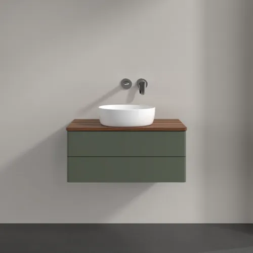 Bild von VILLEROY BOCH Antao Waschbeckenunterschrank, mit Beleuchtung, 2 Auszüge, 800 x 360 x 500 mm, Front ohne Struktur, Leaf Green Matt Lacquer / Warm Walnut #L19012HL