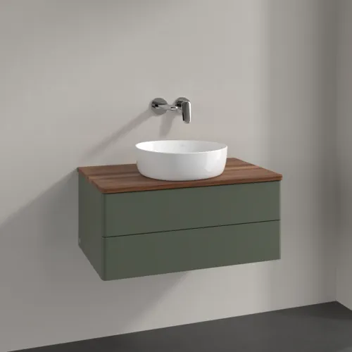 Bild von VILLEROY BOCH Antao Waschbeckenunterschrank, mit Beleuchtung, 2 Auszüge, 800 x 360 x 500 mm, Front ohne Struktur, Leaf Green Matt Lacquer / Warm Walnut #L19012HL