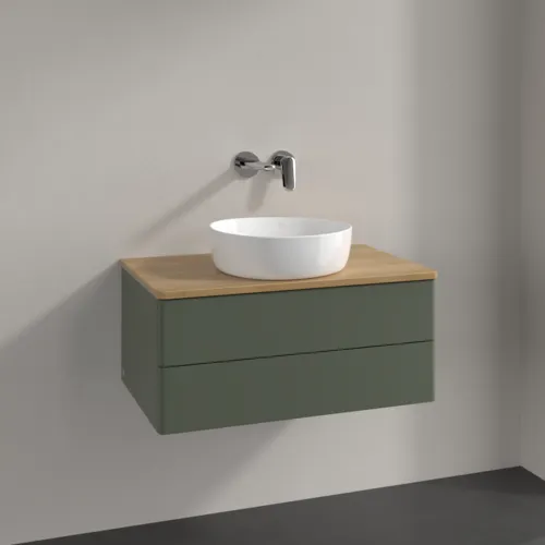 VILLEROY BOCH Antao Waschbeckenunterschrank, mit Beleuchtung, 2 Auszüge, 800 x 360 x 500 mm, Front ohne Struktur, Leaf Green Matt Lacquer / Honey Oak #L19011HL, Bild 2