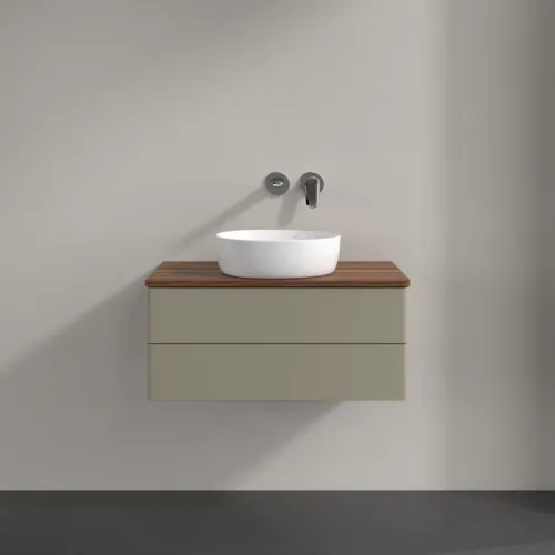 Bild von VILLEROY BOCH Antao Waschbeckenunterschrank, mit Beleuchtung, 2 Auszüge, 800 x 360 x 500 mm, Front ohne Struktur, Stone Grey Matt Lacquer / Warm Walnut #L19012HK