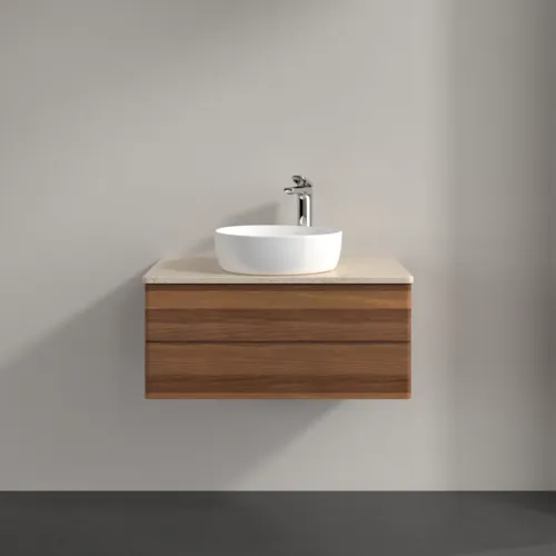 Bild von VILLEROY BOCH Antao Waschbeckenunterschrank, mit Beleuchtung, 2 Auszüge, 800 x 360 x 500 mm, Front ohne Struktur, Warm Walnut / Botticino #L19053HM