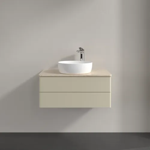 Bild von VILLEROY BOCH Antao Waschbeckenunterschrank, mit Beleuchtung, 2 Auszüge, 800 x 360 x 500 mm, Front ohne Struktur, Silk Grey Matt Lacquer / Botticino #L19053HJ