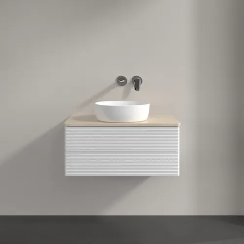 Bild von VILLEROY BOCH Antao Waschbeckenunterschrank, mit Beleuchtung, 2 Auszüge, 800 x 360 x 500 mm, Front mit Struktur, Glossy White Lacquer / Botticino #L19113GF