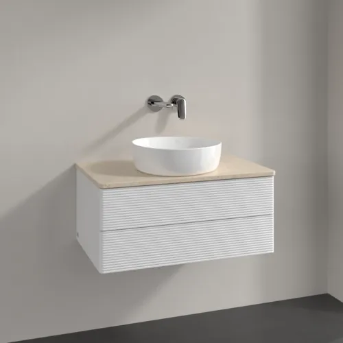 Bild von VILLEROY BOCH Antao Waschbeckenunterschrank, mit Beleuchtung, 2 Auszüge, 800 x 360 x 500 mm, Front mit Struktur, Glossy White Lacquer / Botticino #L19113GF