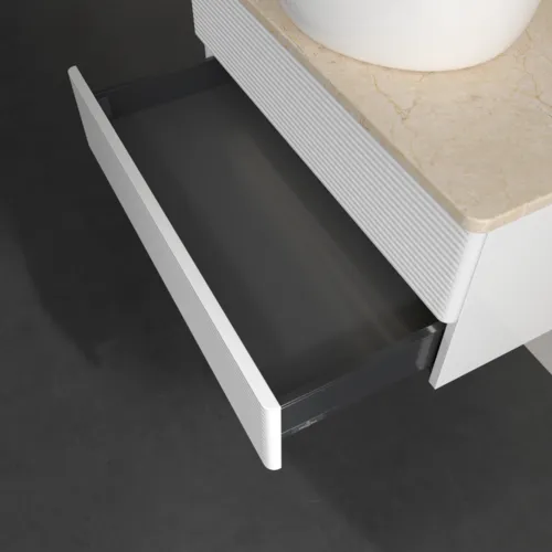 Bild von VILLEROY BOCH Antao Waschbeckenunterschrank, mit Beleuchtung, 2 Auszüge, 800 x 360 x 500 mm, Front mit Struktur, Glossy White Lacquer / Botticino #L19113GF