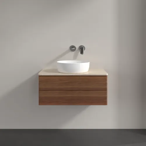 Bild von VILLEROY BOCH Antao Waschbeckenunterschrank, mit Beleuchtung, 2 Auszüge, 800 x 360 x 500 mm, Front mit Struktur, Warm Walnut / Botticino #L19113HM