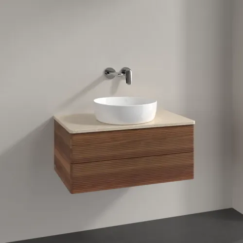 Bild von VILLEROY BOCH Antao Waschbeckenunterschrank, mit Beleuchtung, 2 Auszüge, 800 x 360 x 500 mm, Front mit Struktur, Warm Walnut / Botticino #L19113HM
