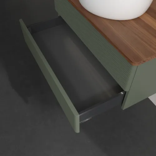 Bild von VILLEROY BOCH Antao Waschbeckenunterschrank, mit Beleuchtung, 2 Auszüge, 800 x 360 x 500 mm, Front mit Struktur, Leaf Green Matt Lacquer / Warm Walnut #L19112HL