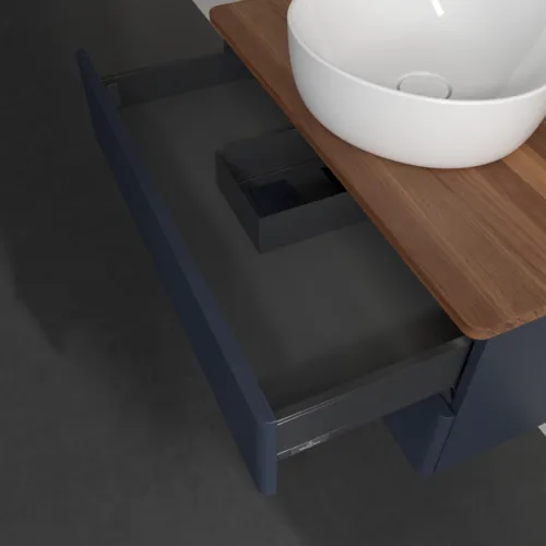Bild von VILLEROY BOCH Antao Waschbeckenunterschrank, mit Beleuchtung, 2 Auszüge, 800 x 360 x 500 mm, Front mit Struktur, Midnight Blue Matt Lacquer / Warm Walnut #L19112HG