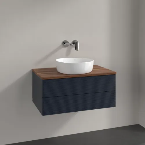 Bild von VILLEROY BOCH Antao Waschbeckenunterschrank, mit Beleuchtung, 2 Auszüge, 800 x 360 x 500 mm, Front mit Struktur, Midnight Blue Matt Lacquer / Warm Walnut #L19112HG