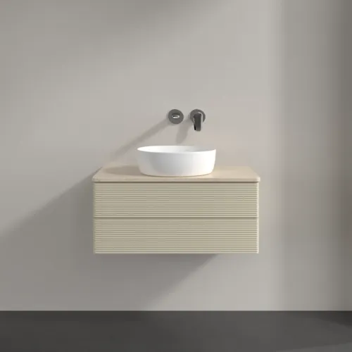 Bild von VILLEROY BOCH Antao Waschbeckenunterschrank, mit Beleuchtung, 2 Auszüge, 800 x 360 x 500 mm, Front mit Struktur, Silk Grey Matt Lacquer / Botticino #L19113HJ