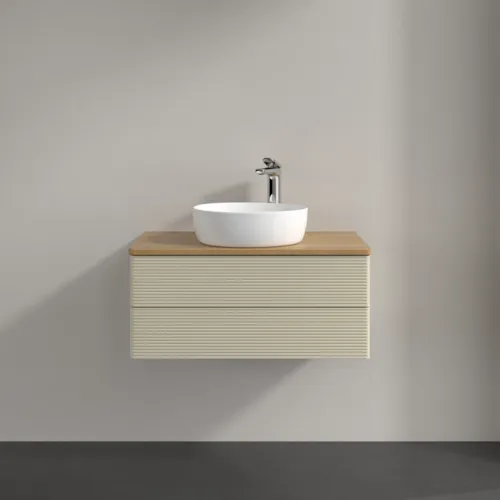 Bild von VILLEROY BOCH Antao Waschbeckenunterschrank, mit Beleuchtung, 2 Auszüge, 800 x 360 x 500 mm, Front mit Struktur, Silk Grey Matt Lacquer / Honey Oak #L19151HJ