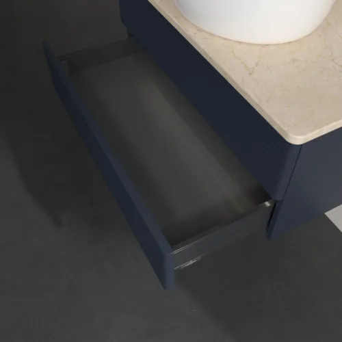 Bild von VILLEROY BOCH Antao Waschbeckenunterschrank, mit Beleuchtung, 2 Auszüge, 800 x 360 x 500 mm, Front mit Struktur, Midnight Blue Matt Lacquer / Botticino #L19153HG