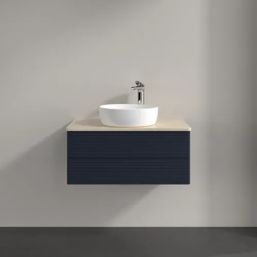 Bild von VILLEROY BOCH Antao Waschbeckenunterschrank, mit Beleuchtung, 2 Auszüge, 800 x 360 x 500 mm, Front mit Struktur, Midnight Blue Matt Lacquer / Botticino #L19153HG