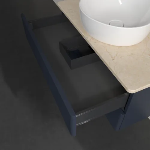 Bild von VILLEROY BOCH Antao Waschbeckenunterschrank, mit Beleuchtung, 2 Auszüge, 800 x 360 x 500 mm, Front mit Struktur, Midnight Blue Matt Lacquer / Botticino #L19153HG