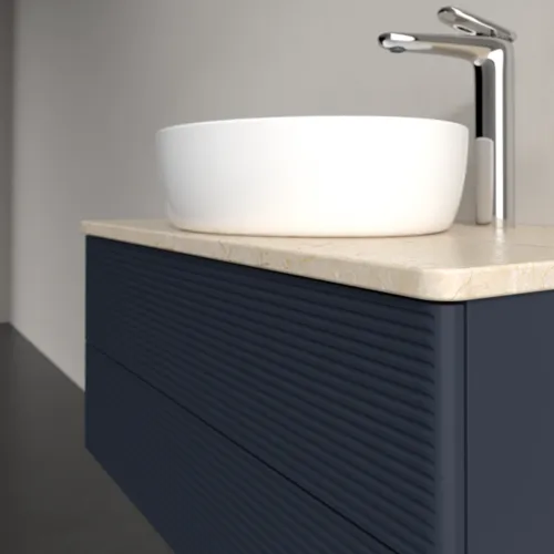Bild von VILLEROY BOCH Antao Waschbeckenunterschrank, mit Beleuchtung, 2 Auszüge, 800 x 360 x 500 mm, Front mit Struktur, Midnight Blue Matt Lacquer / Botticino #L19153HG