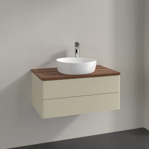 Bild von VILLEROY BOCH Antao Waschbeckenunterschrank, mit Beleuchtung, 2 Auszüge, 800 x 360 x 500 mm, Front mit Struktur, Silk Grey Matt Lacquer / Warm Walnut #L19152HJ