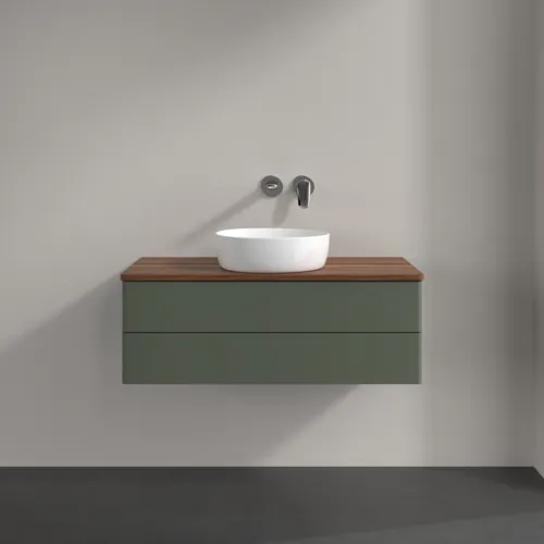 Bild von VILLEROY BOCH Antao Waschbeckenunterschrank, mit Beleuchtung, 2 Auszüge, 1000 x 360 x 500 mm, Front ohne Struktur, Leaf Green Matt Lacquer / Warm Walnut #L20012HL