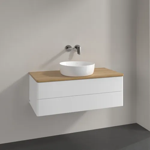 Bild von VILLEROY BOCH Antao Waschbeckenunterschrank, mit Beleuchtung, 2 Auszüge, 1000 x 360 x 500 mm, Front ohne Struktur, White Matt Lacquer / Honey Oak #L20011MT
