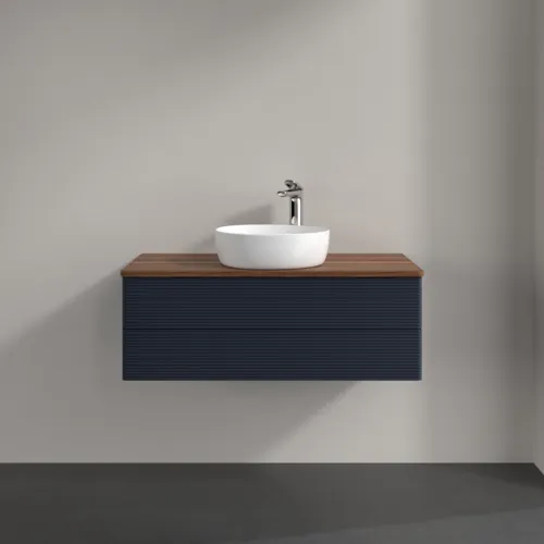 Bild von VILLEROY BOCH Antao Waschbeckenunterschrank, mit Beleuchtung, 2 Auszüge, 1000 x 360 x 500 mm, Front mit Struktur, Midnight Blue Matt Lacquer / Warm Walnut #L20152HG
