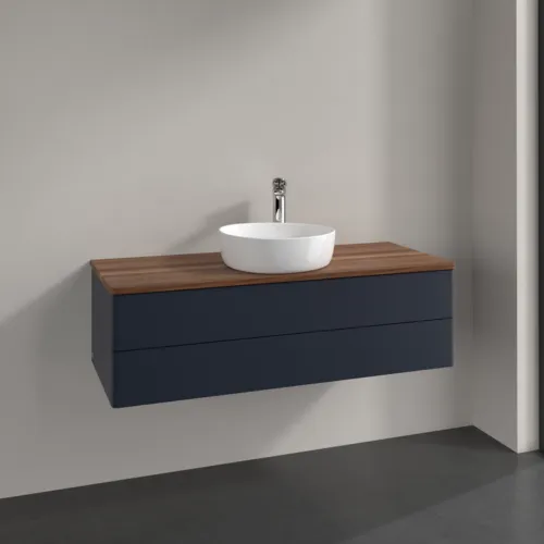 Bild von VILLEROY BOCH Antao Waschbeckenunterschrank, mit Beleuchtung, 2 Auszüge, 1200 x 360 x 500 mm, Front ohne Struktur, Midnight Blue Matt Lacquer / Warm Walnut #L21052HG