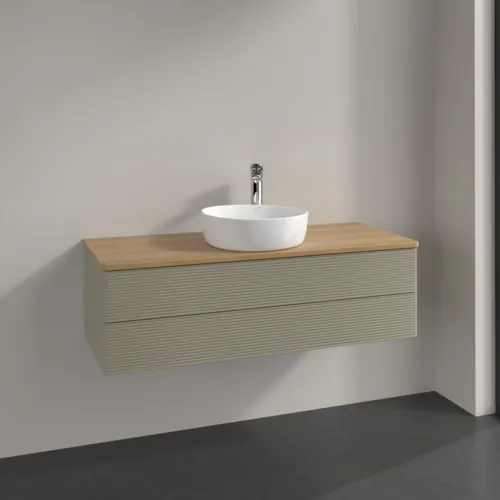 Bild von VILLEROY BOCH Antao Waschbeckenunterschrank, mit Beleuchtung, 2 Auszüge, 1200 x 360 x 500 mm, Front mit Struktur, Stone Grey Matt Lacquer / Honey Oak #L21151HK