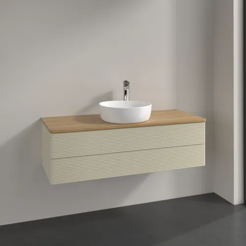 Bild von VILLEROY BOCH Antao Waschbeckenunterschrank, mit Beleuchtung, 2 Auszüge, 1200 x 360 x 500 mm, Front mit Struktur, Silk Grey Matt Lacquer / Honey Oak #L21151HJ
