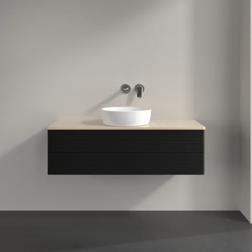 Bild von VILLEROY BOCH Antao Waschbeckenunterschrank, mit Beleuchtung, 2 Auszüge, 1200 x 360 x 500 mm, Front mit Struktur, Black Matt Lacquer / Botticino #L21113PD
