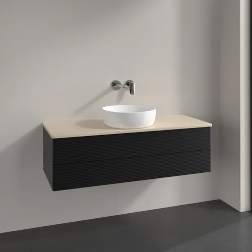 Bild von VILLEROY BOCH Antao Waschbeckenunterschrank, mit Beleuchtung, 2 Auszüge, 1200 x 360 x 500 mm, Front mit Struktur, Black Matt Lacquer / Botticino #L21113PD