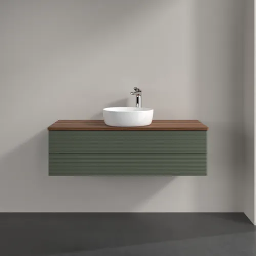 Bild von VILLEROY BOCH Antao Waschbeckenunterschrank, mit Beleuchtung, 2 Auszüge, 1200 x 360 x 500 mm, Front mit Struktur, Leaf Green Matt Lacquer / Warm Walnut #L21152HL