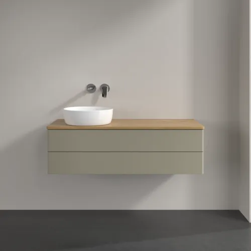 Bild von VILLEROY BOCH Antao Waschbeckenunterschrank, mit Beleuchtung, 2 Auszüge, 1200 x 360 x 500 mm, Front ohne Struktur, Stone Grey Matt Lacquer / Honey Oak #L22011HK
