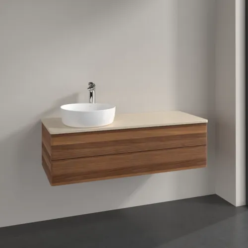Bild von VILLEROY BOCH Antao Waschbeckenunterschrank, mit Beleuchtung, 2 Auszüge, 1200 x 360 x 500 mm, Front ohne Struktur, Warm Walnut / Botticino #L22053HM