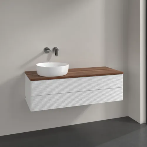 Bild von VILLEROY BOCH Antao Waschbeckenunterschrank, mit Beleuchtung, 2 Auszüge, 1200 x 360 x 500 mm, Front mit Struktur, Glossy White Lacquer / Warm Walnut #L22112GF