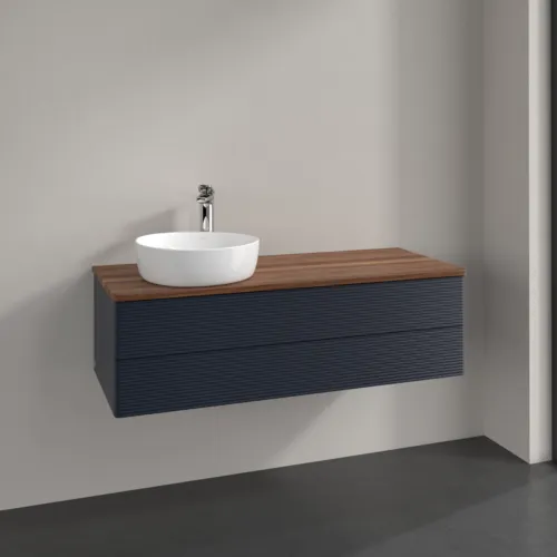 Bild von VILLEROY BOCH Antao Waschbeckenunterschrank, mit Beleuchtung, 2 Auszüge, 1200 x 360 x 500 mm, Front mit Struktur, Midnight Blue Matt Lacquer / Warm Walnut #L22152HG