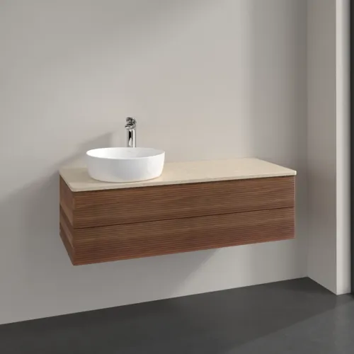 Bild von VILLEROY BOCH Antao Waschbeckenunterschrank, mit Beleuchtung, 2 Auszüge, 1200 x 360 x 500 mm, Front mit Struktur, Warm Walnut / Botticino #L22153HM