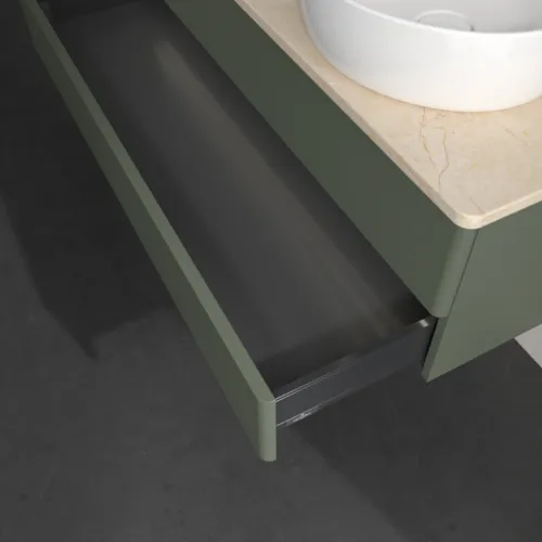 Bild von VILLEROY BOCH Antao Waschbeckenunterschrank, mit Beleuchtung, 2 Auszüge, 1200 x 360 x 500 mm, Front ohne Struktur, Leaf Green Matt Lacquer / Botticino #L23013HL