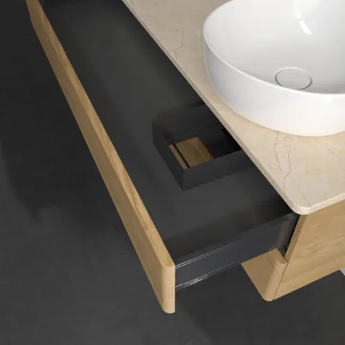 Bild von VILLEROY BOCH Antao Waschbeckenunterschrank, mit Beleuchtung, 2 Auszüge, 1200 x 360 x 500 mm, Front ohne Struktur, Honey Oak / Botticino #L23053HN