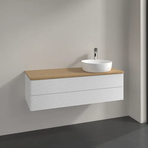 Bild von VILLEROY BOCH Antao Waschbeckenunterschrank, mit Beleuchtung, 2 Auszüge, 1200 x 360 x 500 mm, Front mit Struktur, Glossy White Lacquer / Honey Oak #L23151GF