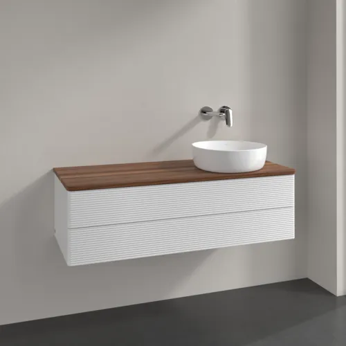 Bild von VILLEROY BOCH Antao Waschbeckenunterschrank, mit Beleuchtung, 2 Auszüge, 1200 x 360 x 500 mm, Front mit Struktur, Glossy White Lacquer / Warm Walnut #L23112GF