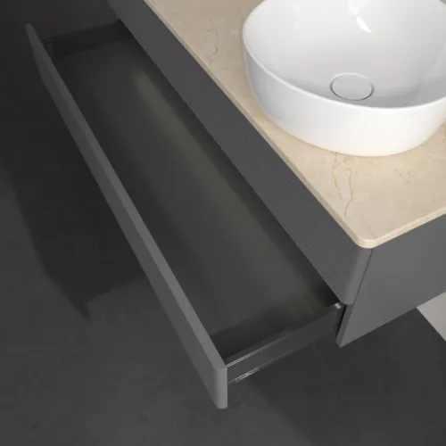 Bild von VILLEROY BOCH Antao Waschbeckenunterschrank, mit Beleuchtung, 2 Auszüge, 1200 x 360 x 500 mm, Front mit Struktur, Anthracite Matt Lacquer / Botticino #L23113GK