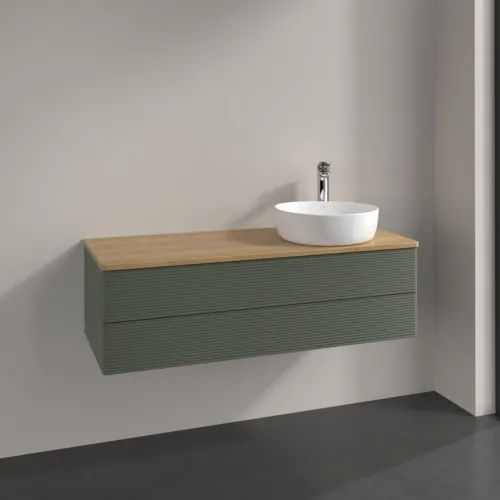 Bild von VILLEROY BOCH Antao Waschbeckenunterschrank, mit Beleuchtung, 2 Auszüge, 1200 x 360 x 500 mm, Front mit Struktur, Leaf Green Matt Lacquer / Honey Oak #L23151HL