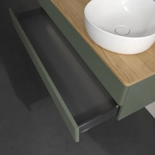 Bild von VILLEROY BOCH Antao Waschbeckenunterschrank, mit Beleuchtung, 2 Auszüge, 1200 x 360 x 500 mm, Front mit Struktur, Leaf Green Matt Lacquer / Honey Oak #L23151HL