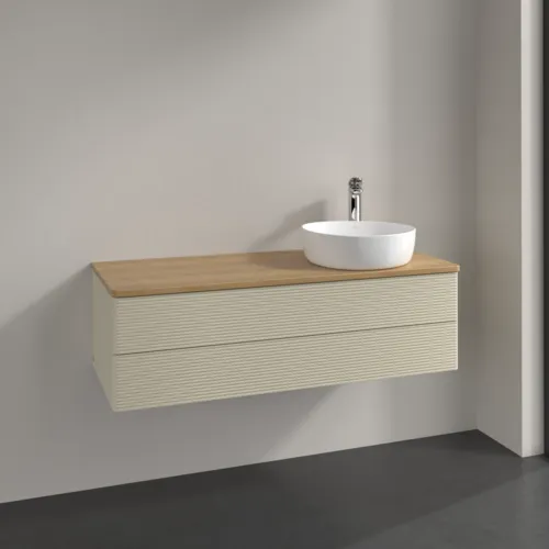 Bild von VILLEROY BOCH Antao Waschbeckenunterschrank, mit Beleuchtung, 2 Auszüge, 1200 x 360 x 500 mm, Front mit Struktur, Silk Grey Matt Lacquer / Honey Oak #L23151HJ
