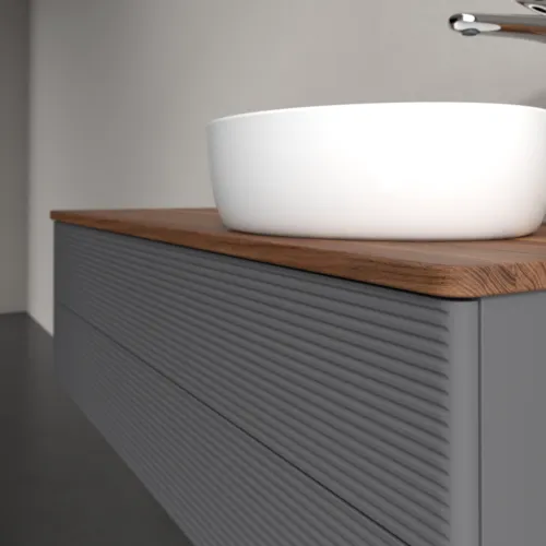 Bild von VILLEROY BOCH Antao Waschbeckenunterschrank, mit Beleuchtung, 2 Auszüge, 1200 x 360 x 500 mm, Front mit Struktur, Anthracite Matt Lacquer / Warm Walnut #L23152GK